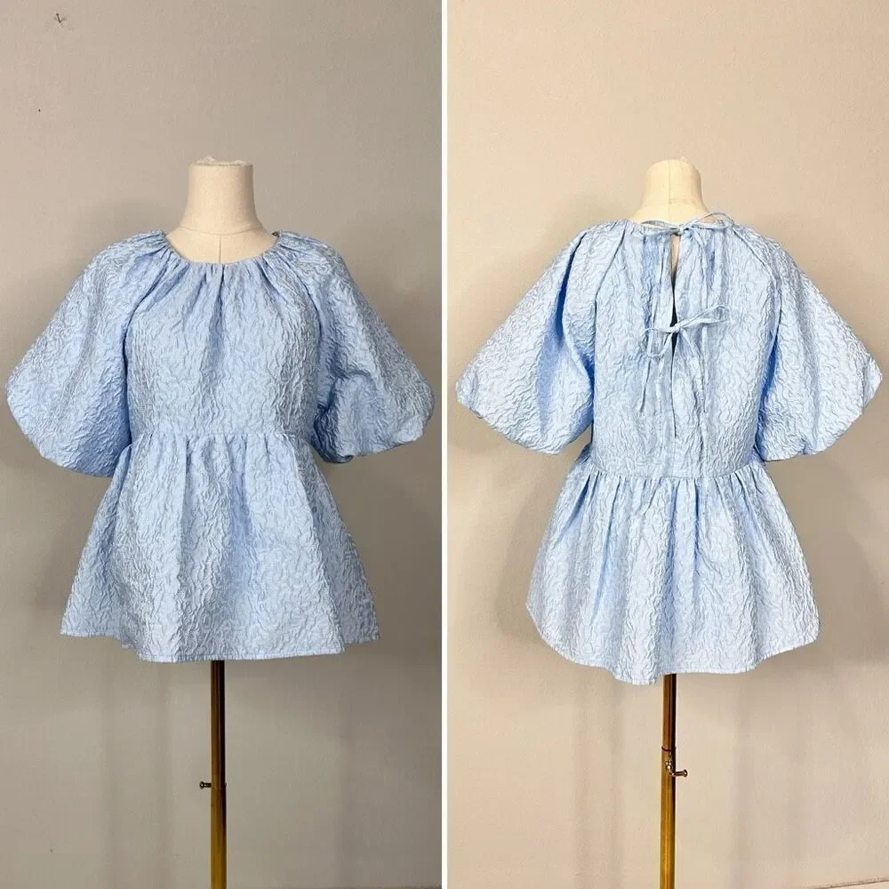 Tuckernuck Hyacinth House Julia Jacquard Puff Sleeve Babydoll Top S  Preppy Blue